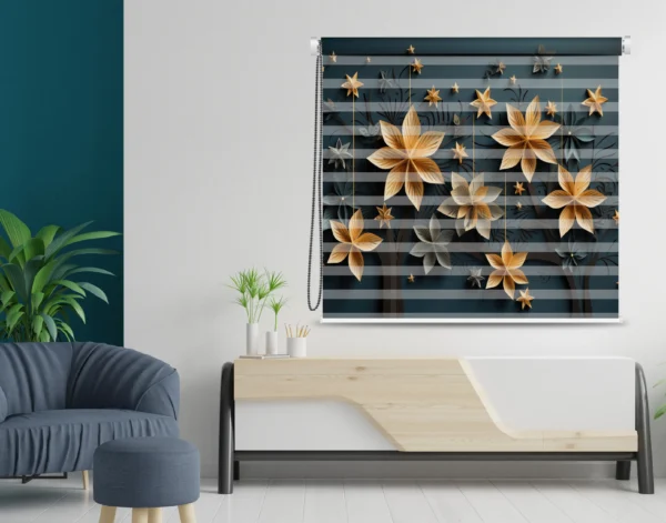 Golden floral zebra roller blind featuring delicate blossoms and stars on a dark striped background, ideal for stylish interiors.