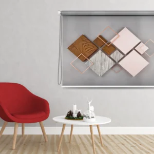 Geometric abstract roller blind featuring a design of wooden, metallic, and pastel squares with rose gold accents on a neutral gray background.