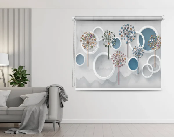 Roller blind with modern dandelion and circular art design in blue, white, and metallic accents, displayed in a minimalist living room setting.