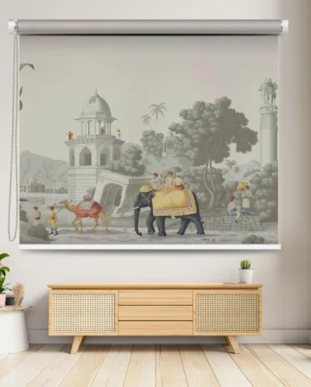 Rajasthani Art Roller Blind featuring a cultural scene with elephants, camels, and traditional palatial architecture in beige tones, adding a regal charm to your interiors.