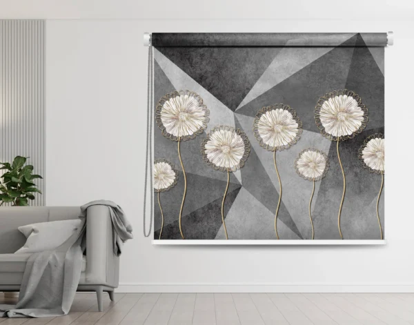 Modern roller window blind with golden dandelions on a geometric gray background, adding sophistication to a contemporary living room.