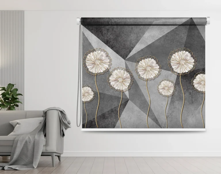 Elegant Roller Window Blind - Geometric Gray with Golden Dandelions - Custom Fit Window Blind with UV Protection (From ₹159/sq.ft) | Parker Window Blinds