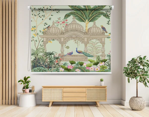 Botanical Peacock Roller Blind featuring elegant peacocks on an ornate arch surrounded by tropical plants and vibrant flowers in a modern interior.