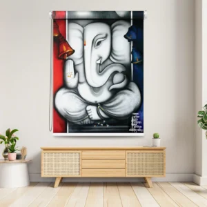 Roller blind Ganesh designs with vibrant red and blue accents, featuring detailed Ganesha artwork, displayed in a minimalist living room