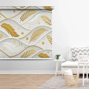 Luxury roller blind with intricate gold leaf pattern on a soft white background, displayed in a cozy modern living room.