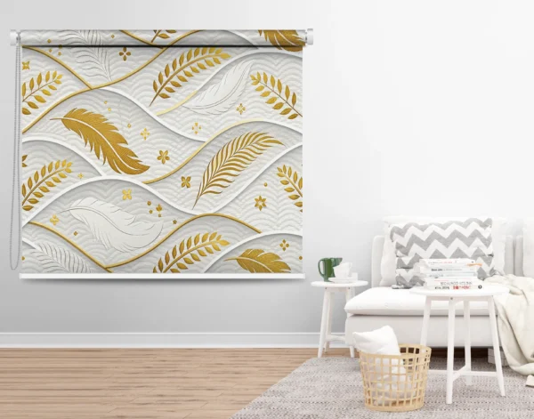 Luxury roller blind with intricate gold leaf pattern on a soft white background, displayed in a cozy modern living room.