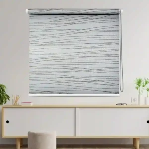 Designer subtle pattern roller blinds installed in a modern living room, featuring elegant minimalist décor.