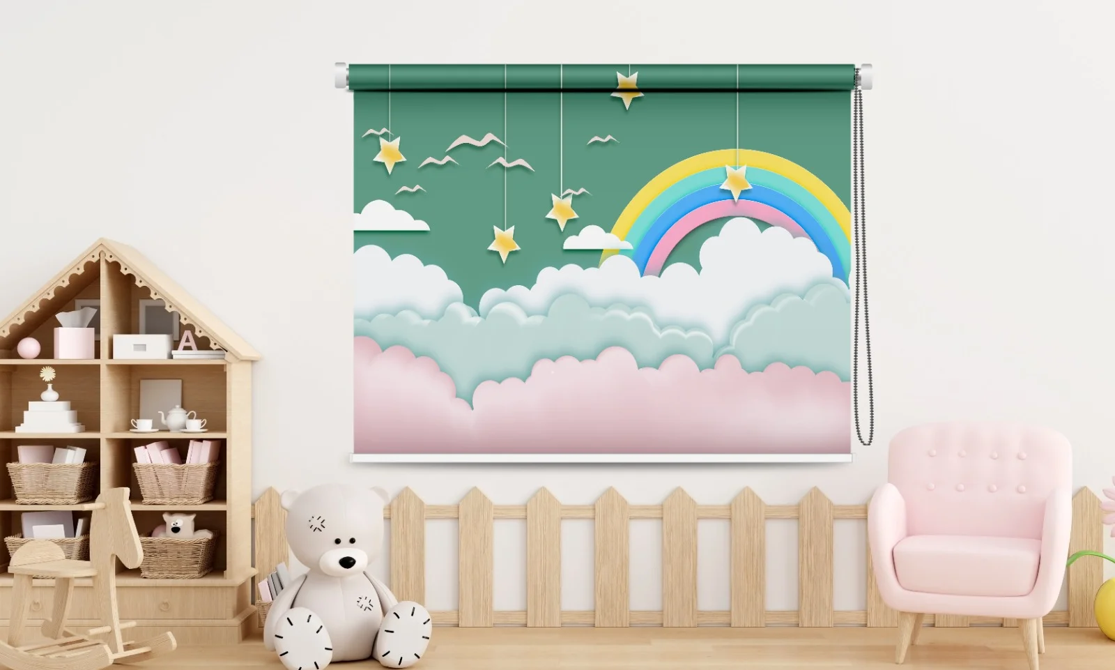 Kid’s Rainbow & Star Roller Blind – Whimsical Cloud Design
