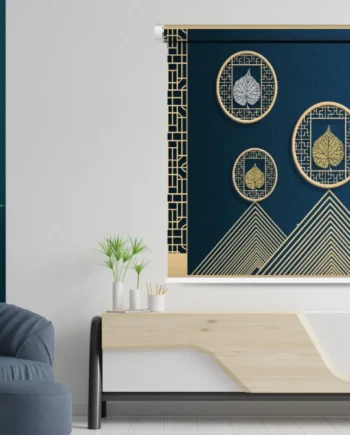 Modern roller blind with a navy-blue backdrop, gold geometric patterns, and intricate gold leaf designs, ideal for elegant home décor.