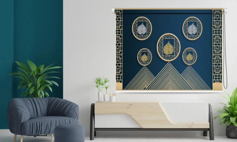 Modern Geometric & Gold Leaf Pattern Roller Blind - Custom Fit Window Blind with UV Protection (From ₹159/sq.ft) | Parker Window Blinds