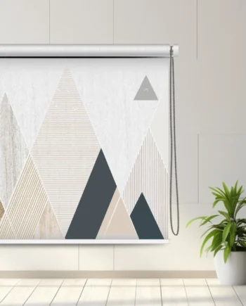 Modern geometric roller blind with triangular patterns in beige, gray, and white, displayed in a bright minimalist room.