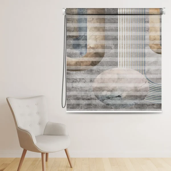 Zebra blind with a modern leaf pattern in gold and beige tones, displayed in a bright, minimalist room with light décor and greenery.