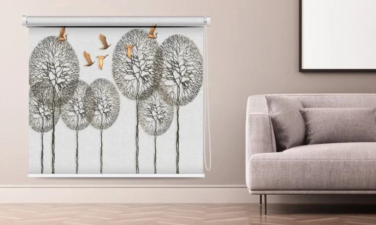 Modern Tree Art Roller Blind with Metallic Bird Accents - Custom Fit Window Blind with UV Protection (From ₹159/sq.ft) | Parker Window Blinds