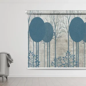 Modern roller blind featuring abstract blue tree design with foliage on a textured neutral background, perfect for stylish interiors