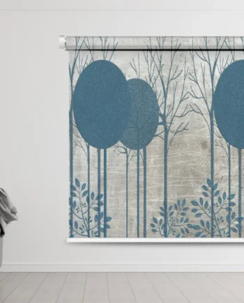 Modern roller blind featuring abstract blue tree design with foliage on a textured neutral background, perfect for stylish interiors