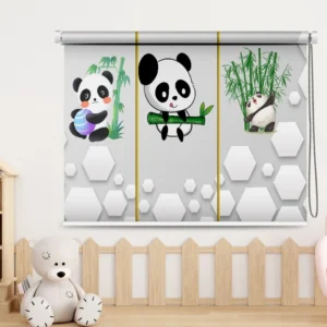 Roller blind featuring cute panda illustrations with bamboo accents on a 3D honeycomb background, perfect for kids' room décor.