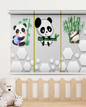 Roller blind featuring cute panda illustrations with bamboo accents on a 3D honeycomb background, perfect for kids' room décor.