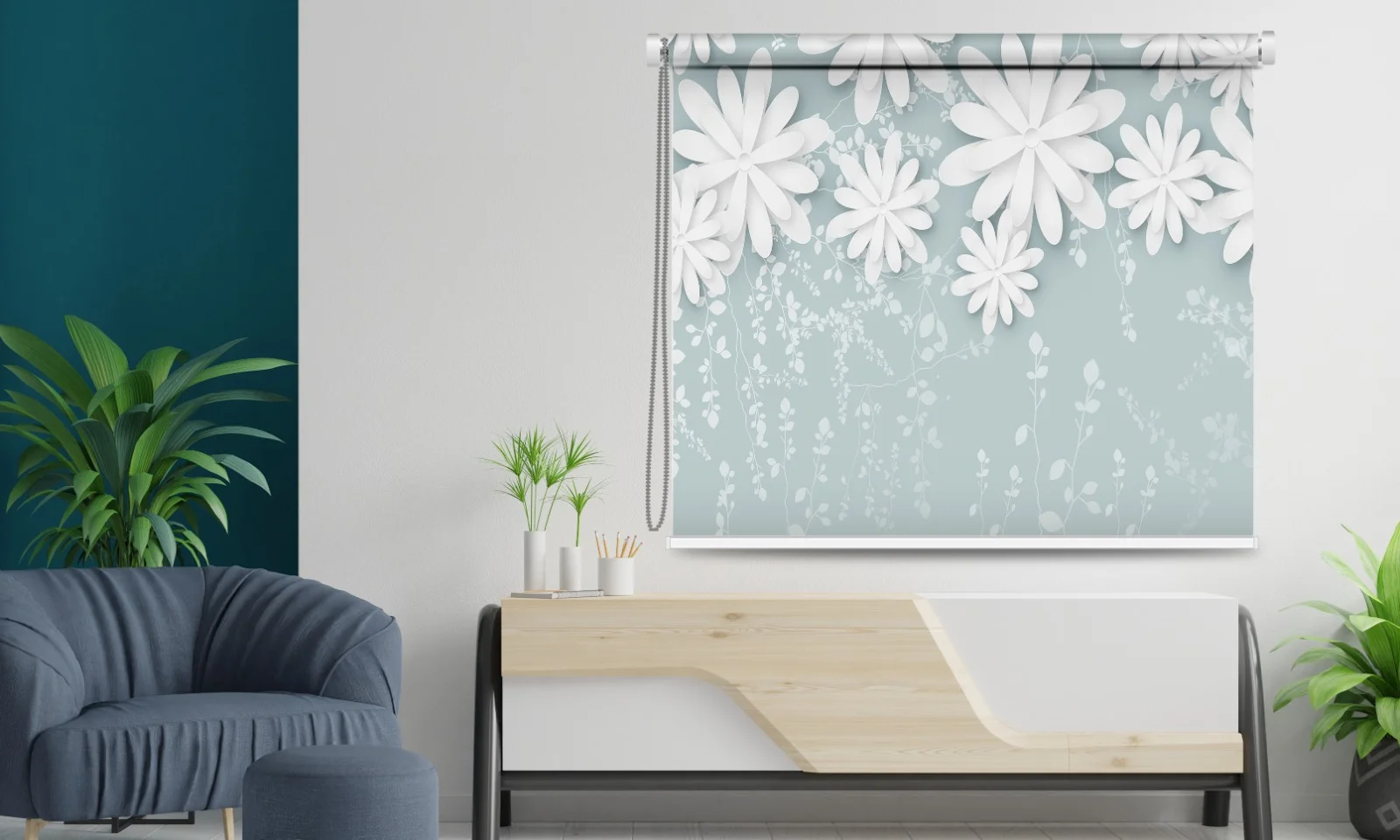 Premium 3D White Flower Design Floral Roller Blind