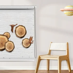 Rustic roller blind featuring woodcut circular patterns and flying bird carvings on a white woodgrain background, installed in a modern nursery with natural wooden furniture.