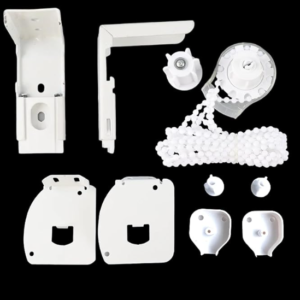 Zebra Blinds Control Unit in white, featuring mounting brackets, chain mechanism, and installation components.