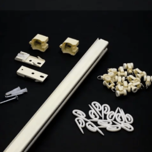 M-shaped curtain track set with brackets, rollers, hooks, and installation accessories on a black background.