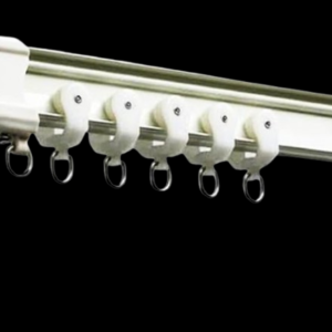 White aluminum curtain I Channel with six smooth gliding rollers and metal hooks, designed for seamless curtain movement.