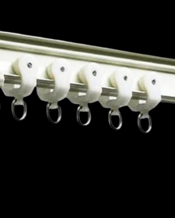 White aluminum curtain I Channel with six smooth gliding rollers and metal hooks, designed for seamless curtain movement.