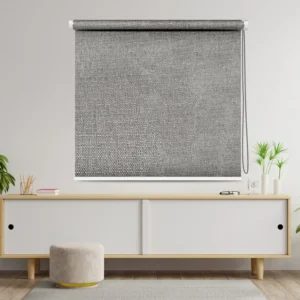 Sleek and Modern Blackout Roller Blinds with a textured gray design, perfect for light control and privacy in a contemporary living room setting.