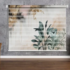 Tropical Elegance Roller Blind featuring lush green tropical leaves with gold accents, perfect for modern interiors.