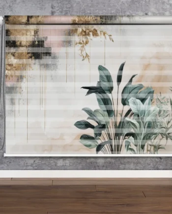 Tropical Elegance Roller Blind featuring lush green tropical leaves with gold accents, perfect for modern interiors.