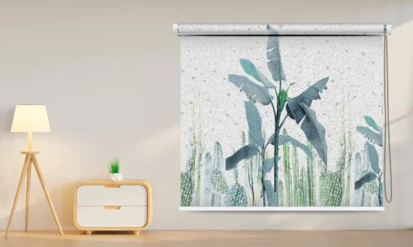 Tropical leaf roller blind with banana leaf and cactus print in green tones, offering a refreshing nature-inspired look for modern interiors.