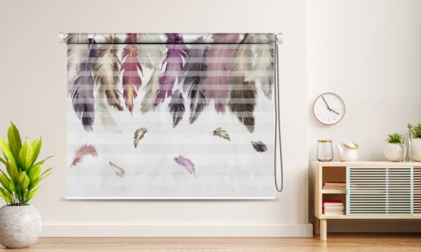 A dreamy feather roller blind with a design of falling feathers.
