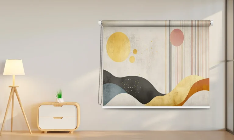 Modern Art Roller Blind with Sun and Mountain Design - Custom Fit Window Blind with UV Protection (From ₹159/sq.ft) | Parker Window Blinds
