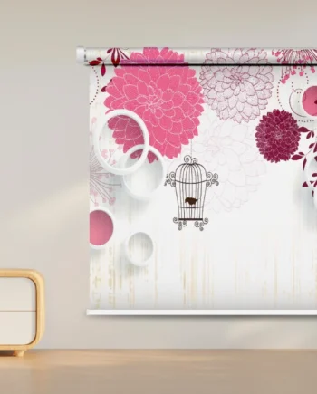 A dreamy roller blind with a floral design and birdcages.