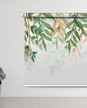 A botanical roller blind with a delicate watercolor design of hanging leaves and branches.