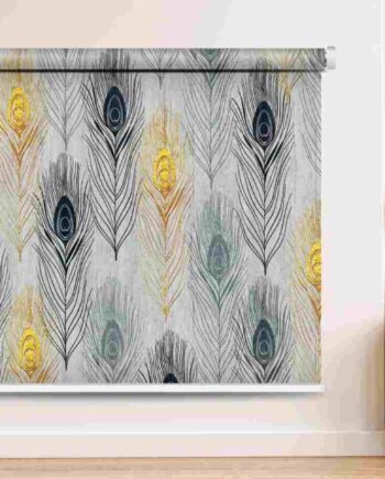 Roller blind with a luxurious peacock feather design in gold and grey tones, perfect for stylish and modern home decor.