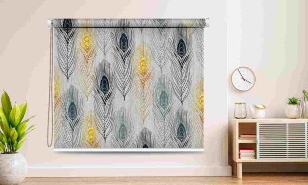 Roller blind with a luxurious peacock feather design in gold and grey tones, perfect for stylish and modern home decor.