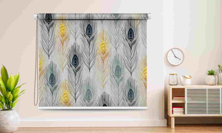 Elegant Peacock Feather Roller Blind – Gold and Grey Design - Custom Fit Window Blind with UV Protection (From ₹159/sq.ft) | Parker Window Blinds