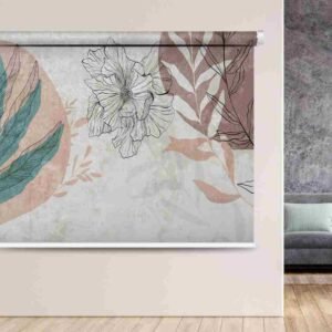 Abstract floral roller blind with hand-drawn botanical design in muted pinks, greens, and beige tones, styled in a modern living room with grey walls and wooden flooring.