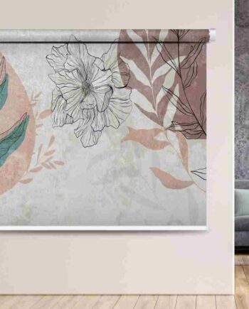 Abstract floral roller blind with hand-drawn botanical design in muted pinks, greens, and beige tones, styled in a modern living room with grey walls and wooden flooring.