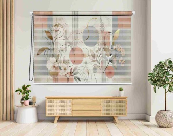 Modern floral zebra roller blind with dual-layer fabric, featuring pastel floral patterns and light control for stylish interiors.