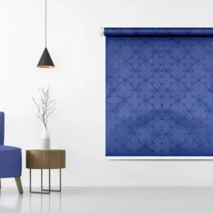 Elegant blue patterned roller blind with a lattice design, adding a modern touch to home decor, displayed in a minimalist living space with a matching blue chair.
