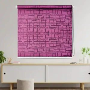 Purple roller blind with a bold geometric pattern, featuring a durable fabric and smooth chain control, ideal for modern home or office decor.