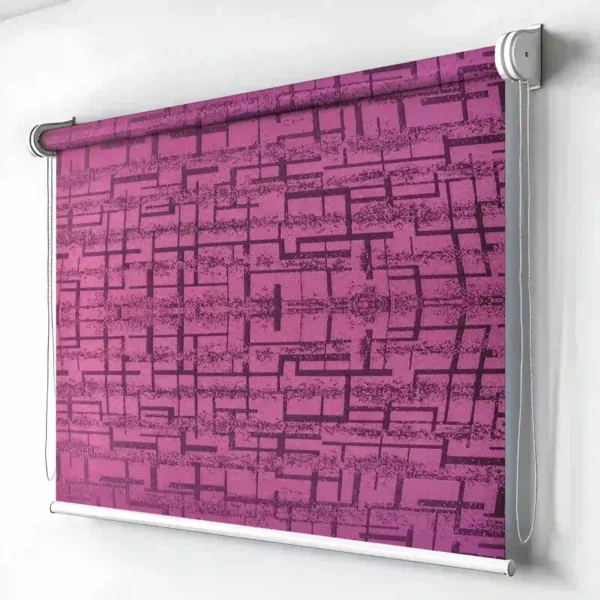 Purple roller blind with a bold geometric pattern, featuring a durable fabric and smooth chain control, ideal for modern home or office decor.