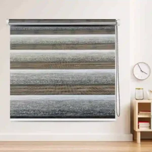 Modern gradient Zebra blinds featuring neutral earthy tones, installed in a stylish living room with a natural wood cabinet, indoor plants, and minimalist décor.