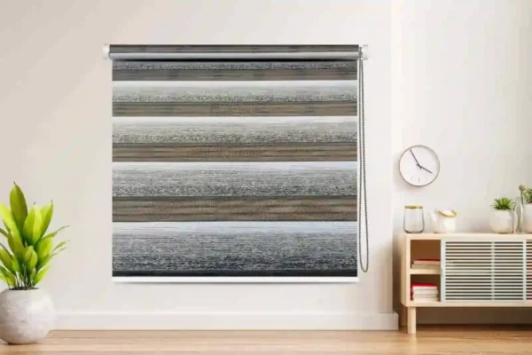 Modern gradient Zebra blinds featuring neutral earthy tones, installed in a stylish living room with a natural wood cabinet, indoor plants, and minimalist décor.