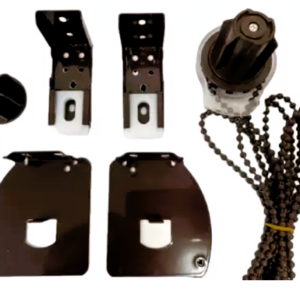 Zebra Blinds Control Unit in brown color, including mounting brackets, chain mechanism, and components for installation.