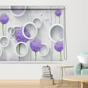 Roller blind with 3D purple floral design and white circular accents, modern decor for living room.