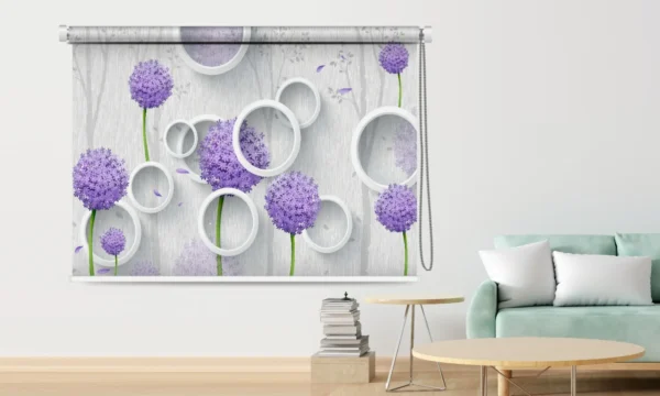 Roller blind with 3D purple floral design and white circular accents, modern decor for living room.