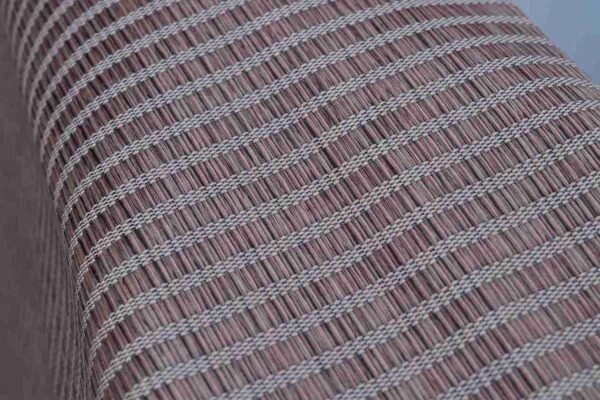 Natural Dark brown jute blinds for windows in a striped pattern, featuring a beige color scheme, with a pull chain mechanism on the side.